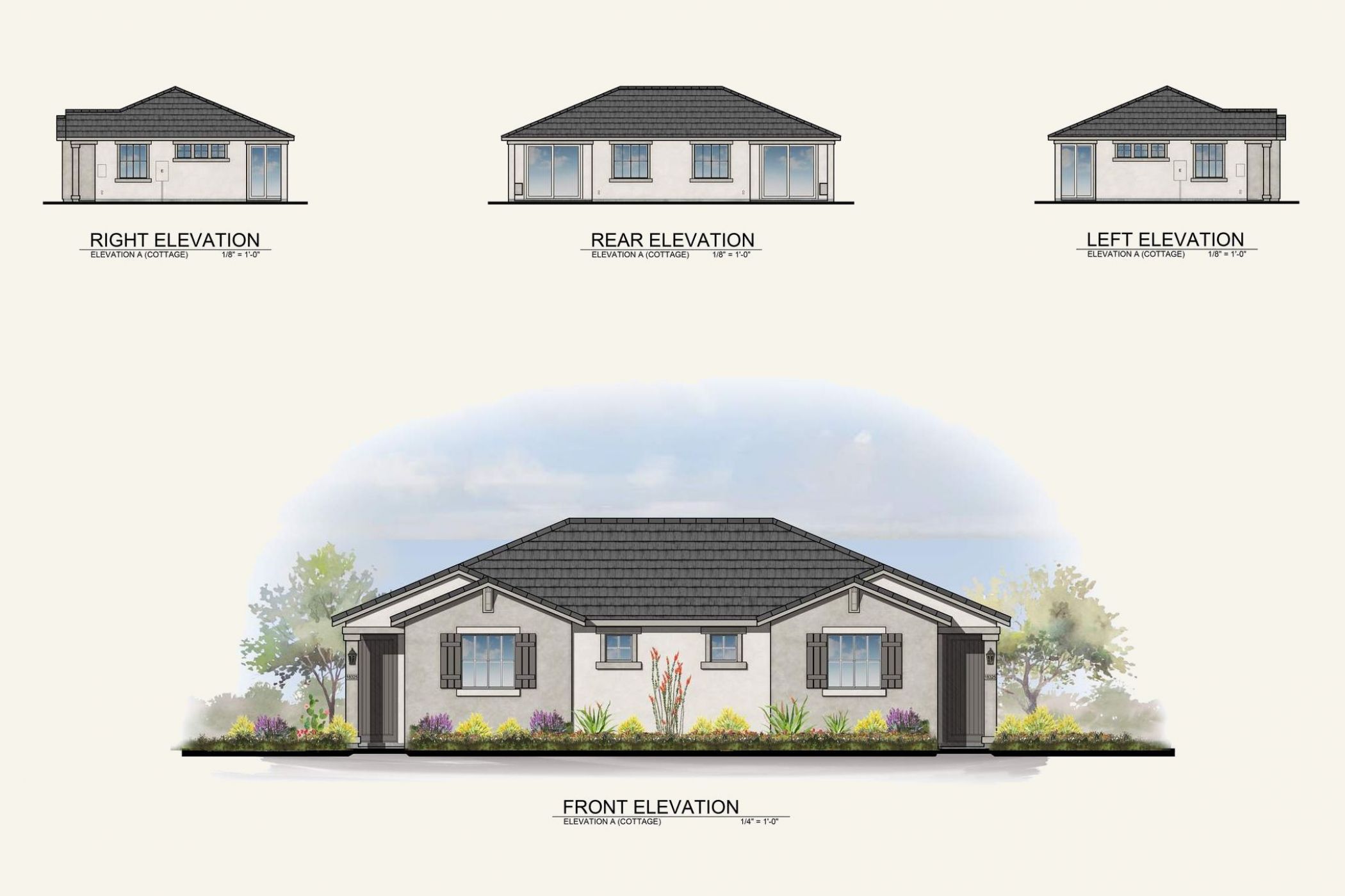 Architectural drawings show front, rear, left, and right exterior elevations of a single-story house with landscaping.