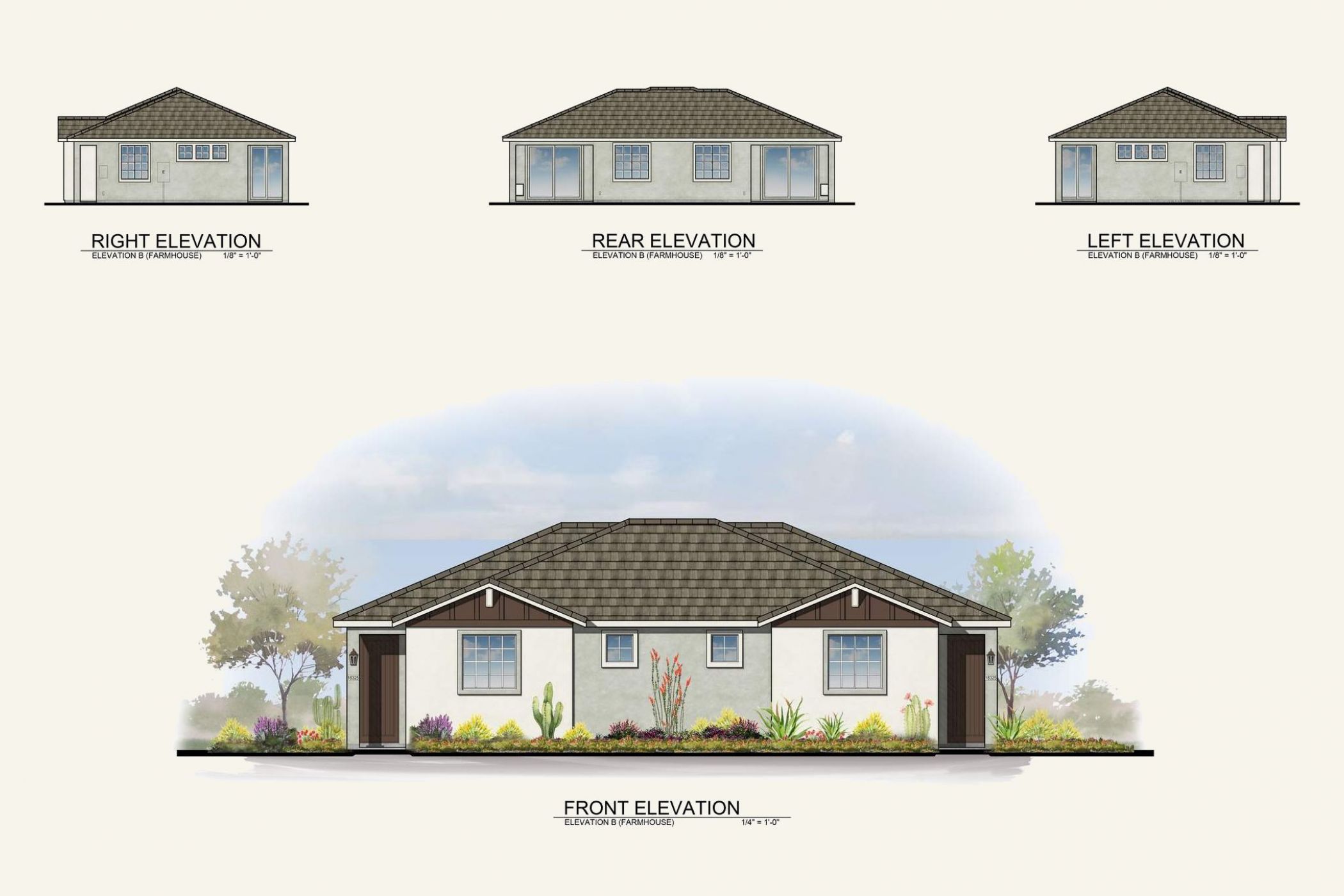 Architectural drawing showing right, rear, left, and front elevations of a single-story house with landscaping.